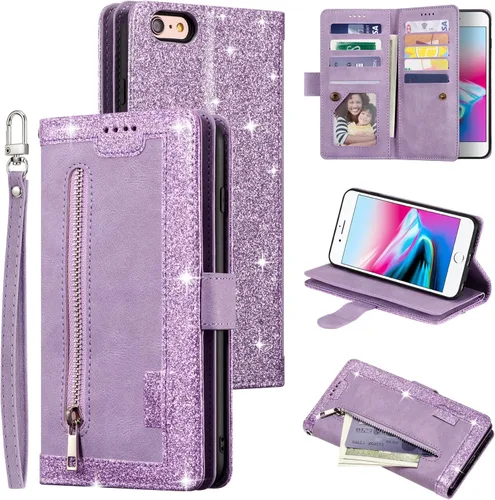 Vista 9 de UEEBAI Funda tipo cartera para iPhone SE 2022 5G/iPhone 7/iPhone 8/iPhone SE 2020, retro con 9 ranuras para tarjetas, bolsillo con cremallera, funda
