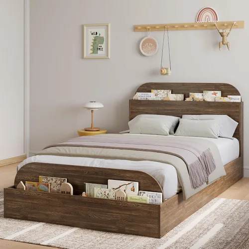 Vista 11 de Estructura de cama Garvee tamaño individual con cabecero y estribo – Cama de plataforma baja para niños, diseño de piso doble de madera, sin ruido