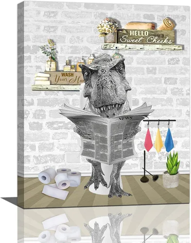 Vista 9 de Fuzawet Arte de pared de oso para decoración de baño, lienzo de lectura de periódico, negro en el inodoro, imágenes divertidas de animales