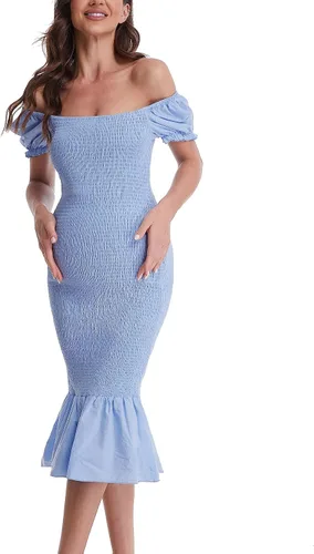 Vista 2 de Vestido de maternidad de verano a media pierna, manga corta abombada, cuello cuadrado, dobladillo con volantes, vestido de sirena para baby shower