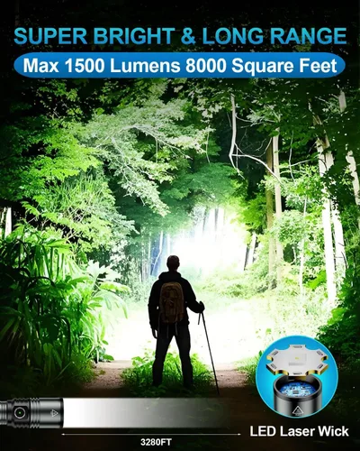 Vista 2 de Linterna recargable de 1500 lúmenes altos, luz LED súper brillante con zoom, 5 modos, impermeable, de mano, potentes linternas tácticas