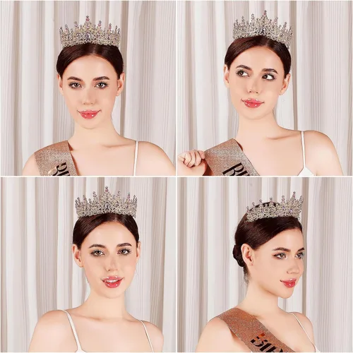 Vista 16 de Tiara para mujer, coronas de reina de cristal, tiaras de princesa con diamantes de imitación, accesorios para el cabello real perfectos para Plateado