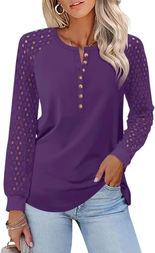 Vista 11 de Minetom Camisetas de manga larga con encaje para mujer, blusas casuales