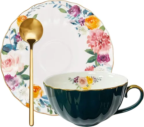 Vista 5 de ONEUSTAR Juego de taza de té y platillo para 1 taza de té floral de porcelana de hueso con cuchara, taza de café de 8 onzas, taza de capuchino latte