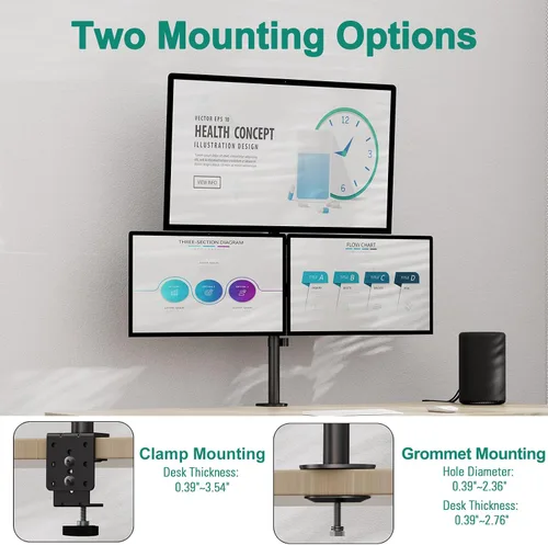 Vista 4 de Soporte de escritorio triple para monitor, montaje de escritorio para tres pantallas de hasta 32 pulgadas, brazo de monitor apilable para 3
