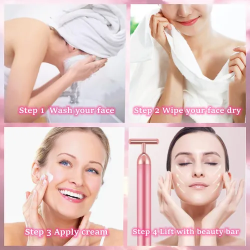 Vista 3 de GOODYBUY - Masajeador facial de pulso dorado de 24 quilates, con forma de T, herramientas de masaje facial para piel sensible, estiramiento firme