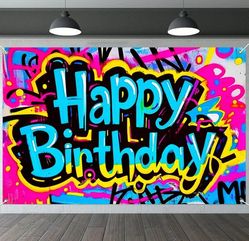 Vista 9 de IVN Pancarta de decoración de cumpleaños, graffiti, tema de galaxia, telón de fondo de 71 x 43 pulgadas con letras de burbujas blancas, estrellas