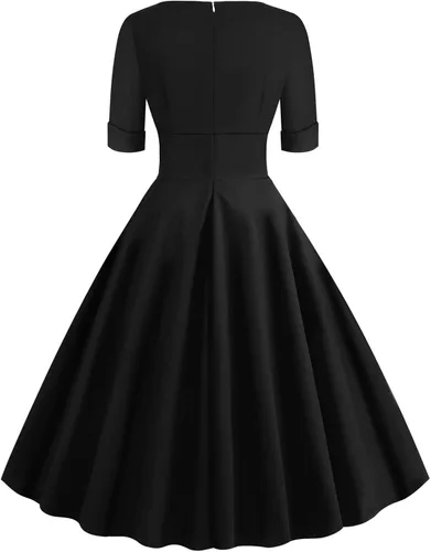 Vista 3 de Kosheko Vestido de fiesta de cóctel casual de los años 50 para mujer, vestido plisado de manga corta con cuello en V, vestido casual con vuelo