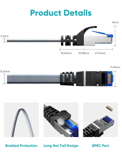 Vista 4 de Cable Ethernet Cat 8 de 1.5 pies, cable de conexión de red LAN de alta velocidad trenzado de nailon resistente, 40 Gbps 2000 Mhz SFTP blindado RJ45