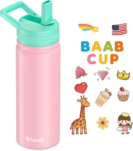 Vista 13 de baab Botella de agua para niños de 18 onzas, botella de agua aislada con popote y calcomanías, taza con popote de agua para niños de acero