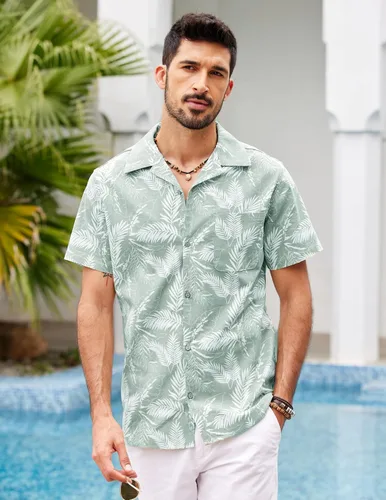 Vista 4 de COOFANDY Camisas florales hawaianas de algodón y lino con botones tropicales para hombre