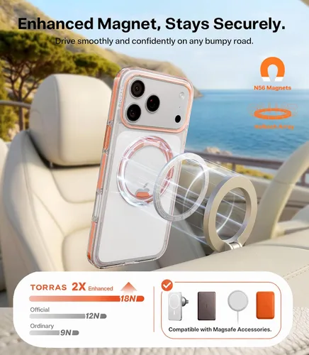 Vista 4 de TORRAS Funda con soporte magnético 360 para iPhone 17 Pro, ultra transparente, [compatible con MagSafe] [protección de grado militar 4X], funda