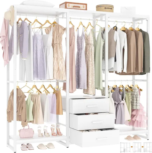 Vista 8 de Aheaplus Perchero de ropa resistente para colgar ropa, estante de ropa con cajones, estante de madera para armario independiente, organizador de Gris