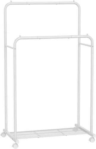 Vista 14 de SONGMICS Perchero de doble barra con ruedas, perchero para colgar ropa, perchero resistente con estante de almacenamiento de malla, 2 frenos, cada