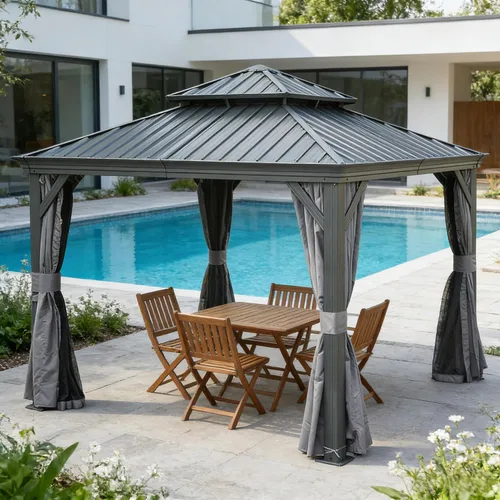 Vista 47 de Domi - Cenador de techo rígido de 8 x 8 pies con malla y cortinas, cenador para exteriores con techo doble de acero galvanizado para patio, césped