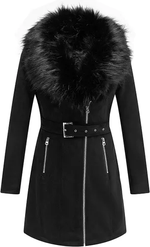 Vista 9 de Bellivera Gabardina de piel sintética para mujer, chaqueta de longitud media con forro polar y cuello de piel desmontable Negro