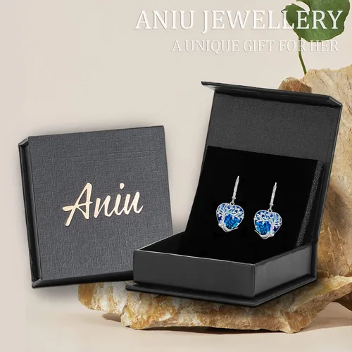 Vista 7 de Aretes colgantes de árbol de la vida, flor, turquesa, ópalo azul, malaquita, ágata musgo, lágrima, para mujeres y niñas, plata de ley, aniversario