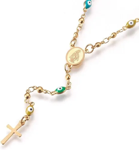 Vista 2 de LZD Collar de cuentas de rosario de acero inoxidable esmalte mal de ojo virgen maría cruz 18" P31