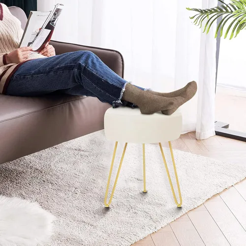 Vista 5 de Reposapiés de terciopelo suave y moderno, reposapiés redondo, otomano, con patas de metal dorado y relleno de esponja, reposapiés tapizado, sala