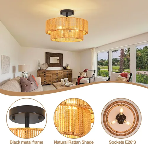 Vista 4 de ZECOXOL Lámpara de Techo de Ratán Moderna Bohemia Chandelier de Montaje Empotrado Luz de Techo de 3 Luces 12.99", Lámparas de Luz de Mimbre Tejido