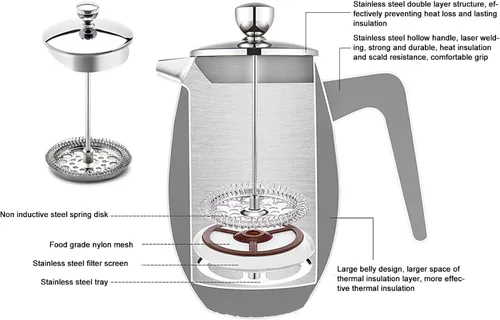 Vista 6 de Cafetera de prensa francesa, acero inoxidable de grado 304 con cuchara, tetera de prensa francesa aislada de doble pared para el hogar, 27.1 fl oz