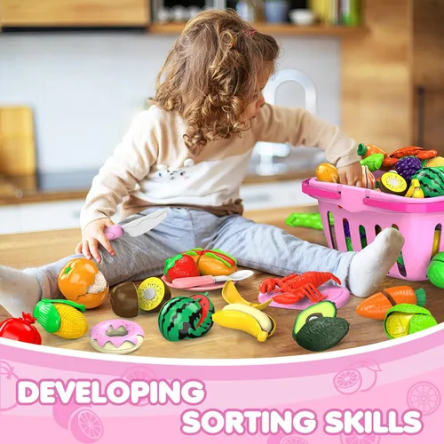 Vista 3 de Juego de 94 piezas de alimentos de corte para cocina infantil (45 artículos), comida de juego de simulación con cesta de la compra, accesorios
