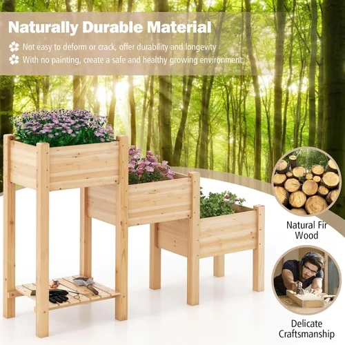 Vista 3 de Giantex Juego de 3 camas de jardín elevadas, jardinera de madera con estante de almacenamiento, camas elevadas para frutas, verduras, flores, Natural