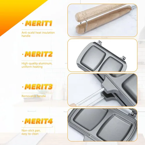 Vista 3 de Sartén de doble cara para sándwiches y parrilla, antiadherente, sartén abatible para panqueques de desayuno, mango extraíble (estilo 2)