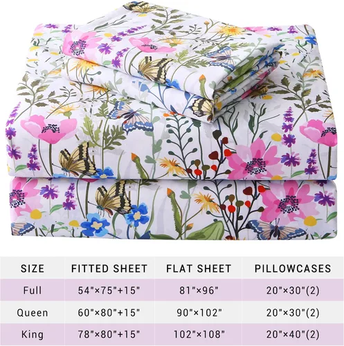 Vista 7 de Viviland Juego de sábanas tamaño individual – Sábanas de 3 piezas con estampado botánico floral y mariposa – Sábanas de microfibra suave y Mariposa
