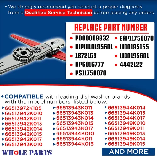 Vista 2 de Conjunto de brazo rociador inferior para lavavajillas Whole Parts mejorado # W10195601 - Reemplazo y compatible con algunos lavavajillas Kenmore