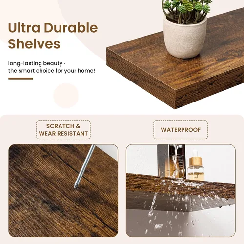 Vista 4 de Marsmiles 12in Depth Floating Shelves, 12x12x1.4, Rustic Brown, Set of 3 Marrón rústico