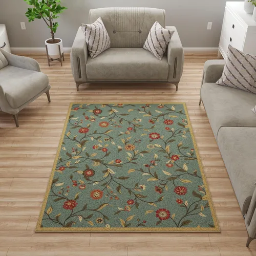 Vista 31 de Ottomanson, colección OttoHome, tapete para corredor con diseño azul claro y damasco (antiderrapante), parte trasera de goma Floral Beige