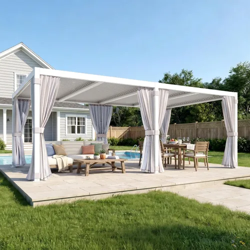 Vista 22 de MELLCOM Pérgola con Persianas – Pérgola de Aluminio de 10 x 10 pies con techo de persianas ajustables y cortinas y redes impermeables