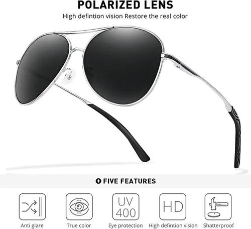 Vista 2 de BOTPOV Gafas de sol de aviador para hombres y mujeres, polarizadas, protección UV400, lente espejada, marco de metal con bisagras de resorte..