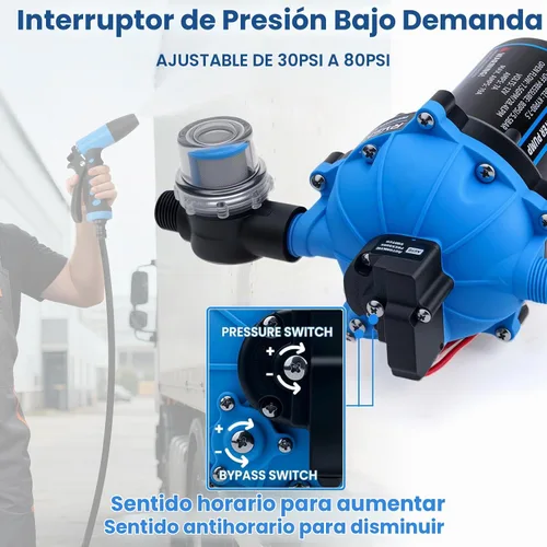 Vista 5 de Bomba de agua RV de 12 V, bomba de diafragma de 5 cámaras de 7.5 GPM 80PSI, autocebante con interruptor de presión resistente y colador para RV