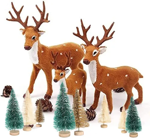 Vista 4 de 8 mini árboles de Navidad artificiales, árboles de cepillo de botella con base de madera, árbol de Navidad artificial de sisal escarchado, mini Beige
