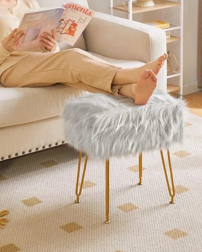 Vista 9 de IBUYKE Taburete rectangular de piel sintética para tocador con almacenamiento, otomana de silla de maquillaje peluda, asiento acolchado suave