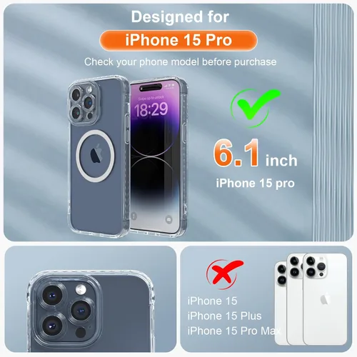 Vista 2 de Funda MagSafe para iPhone 15 Pro con protector de cámara, funda de protección completa para iPhone 15 Pro, funda transparente y bonita para mujeres
