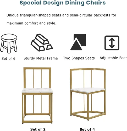 Vista 6 de Quarte Moderno juego de mesa de comedor de 7 piezas con mármol sintético, juego de mesa de cocina de metal compacto, diseño de silla triangular