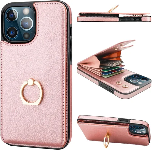 Vista 18 de Folosu Funda compatible con iPhone 13 Pro Max con soporte para tarjetas, rotación de 360°, soporte de anillo de dedo con función atril, protección