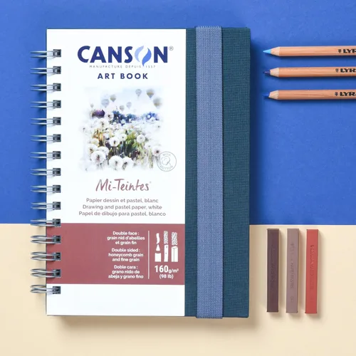 Vista 2 de Canson Mi-Teintes - Libro de arte blanco, 5.8 x 8.3 pulgadas, 80 hojas, tapa dura de tela azul, alambre lateral, cuaderno de artista profesional