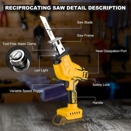 Vista 12 de Sierra recíproca inalámbrica para batería Dewalt de 20V, sierras recíprocas con motor de escobillas de 150W, velocidad variable de 0-3500 SPM, kit