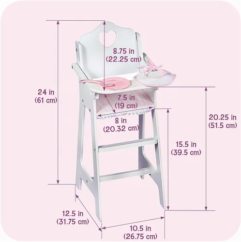 Vista 4 de Silla alta para muñeca con plato, babero y cuchara de la amrca Badger Basket White (se adapta a las muñecas American Girl)