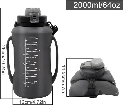 Vista 2 de Botella de agua plegable de silicona de 64 onzas con pajilla, sin BPA, botella de viaje plegable portátil para gimnasio, senderismo, campamento Negro