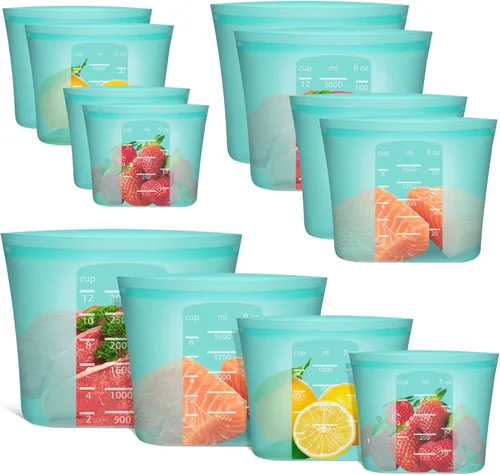 Vista 8 de Bolsas de Alimentos Reutilizables, Paquete de 12 Bolsas de Almacenamiento de Alimentos 100% Silicona que se Mantienen de Pie con Cierre Hermético
