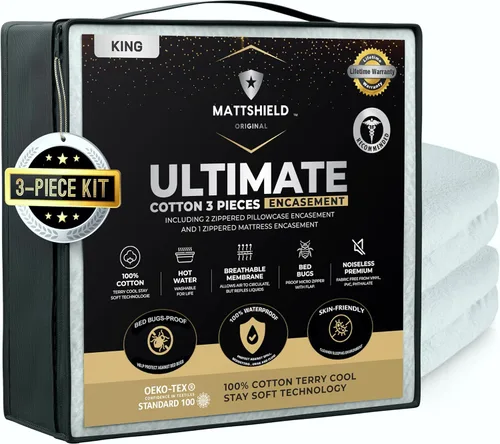 Vista 22 de MATTSHIELD - Juego máximo de 3 piezas – Protector de colchón impermeable de rizo de algodón orgánico individual + 2 protectores de almohada