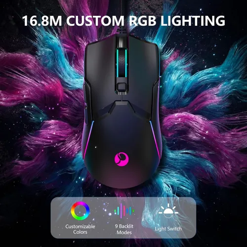Vista 3 de Ratón para juegos con cable SPEEDORA, ratones ópticos ergonómicos de 8000 DPI con 12 modos de retroiluminación RGB, 6 botones programables, software