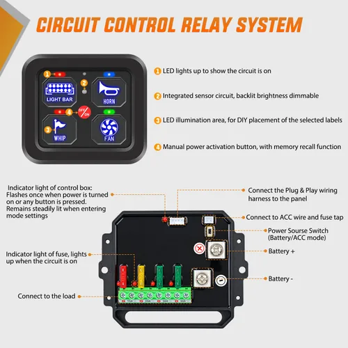 Vista 4 de Nilight Sistema de relé de control de circuito azul 12V 24V del panel