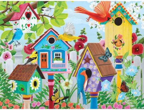 Vista 2 de Bits and Pieces Rompecabezas grande de 300 piezas para adultos – 'Birdhouse Garden' por la artista Kathy Bambeck, tamaño del rompecabezas
