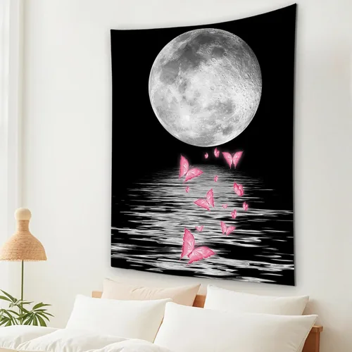 Vista 15 de LB Tapiz pequeño de luna llena sobre océano, tapiz de pared de cielo nocturno estrellado, fantasía 3D, arte de pared de luna grande en blanco